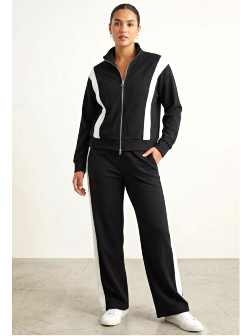 Women’s Black/White Striped 2-Piece Tracksuit Zip Jacket & Pants Size S
